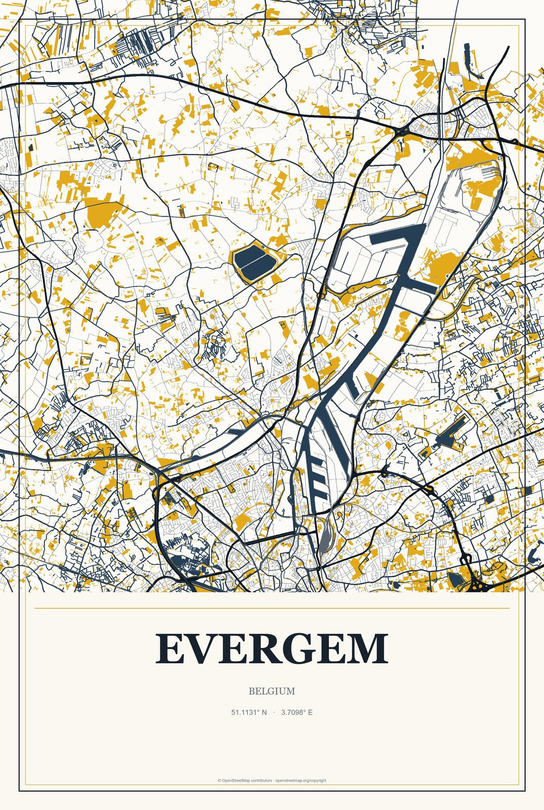 Evergem, Belgium City Map Aluminum Sign in Citrine Modern style
