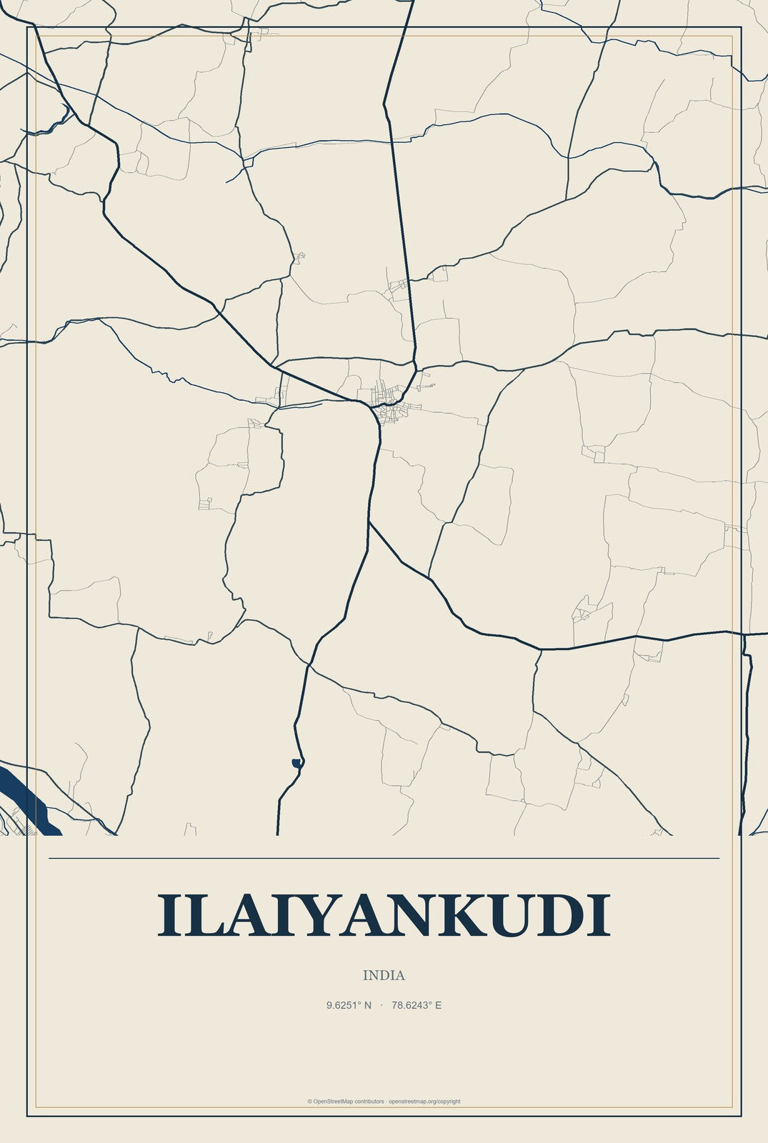 Ilaiyankudi, India City Map Aluminum Sign in Coastal Cutout style