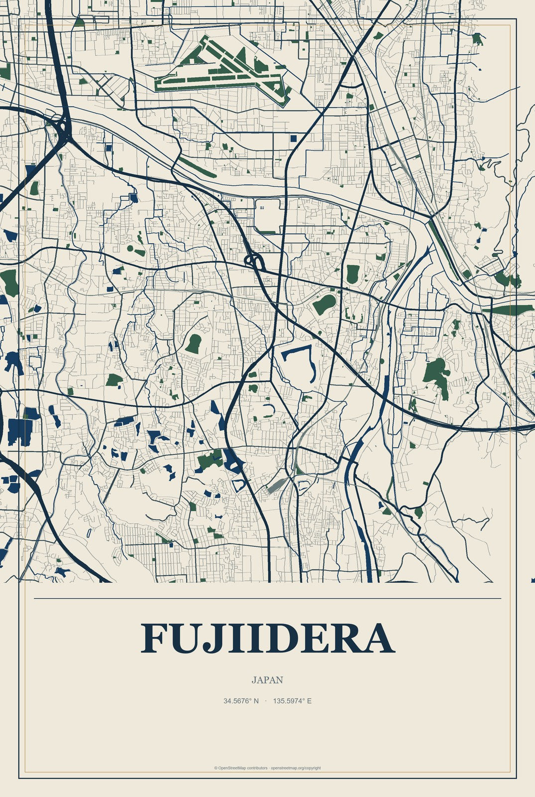 Fujiidera, Japan City Map Aluminum Sign in Coastal Cutout style