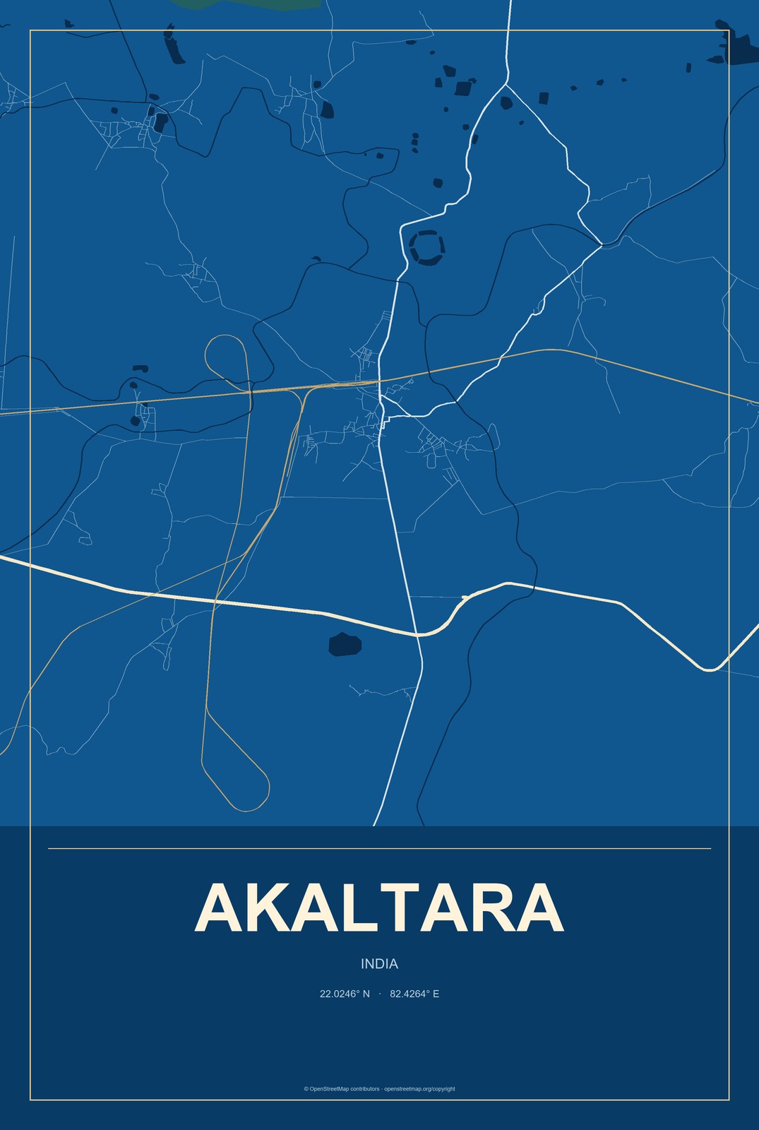 Akaltara, India City Map Aluminum Sign in Harbor Cobalt style