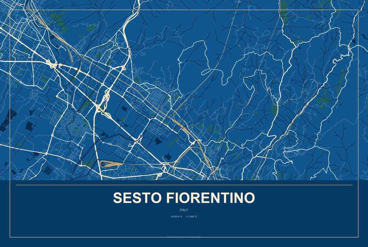 Sesto Fiorentino, Italy City Map Aluminum Sign in Harbor Cobalt style