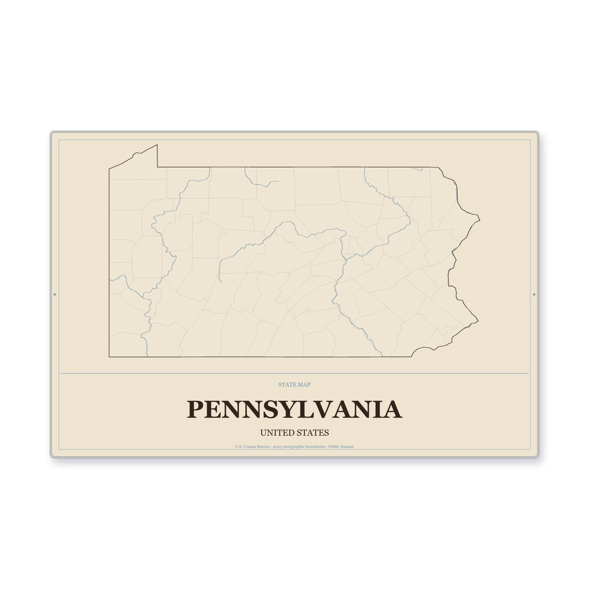 Pennsylvania state map aluminum sign in Heritage Nautical style