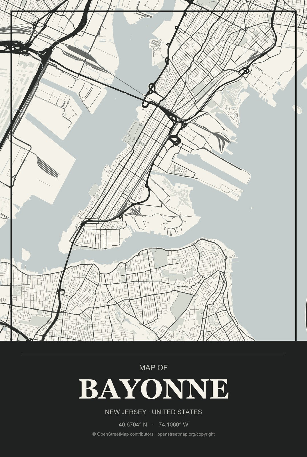 Bayonne, New Jersey City Map Aluminum Sign in Museum Plaque style