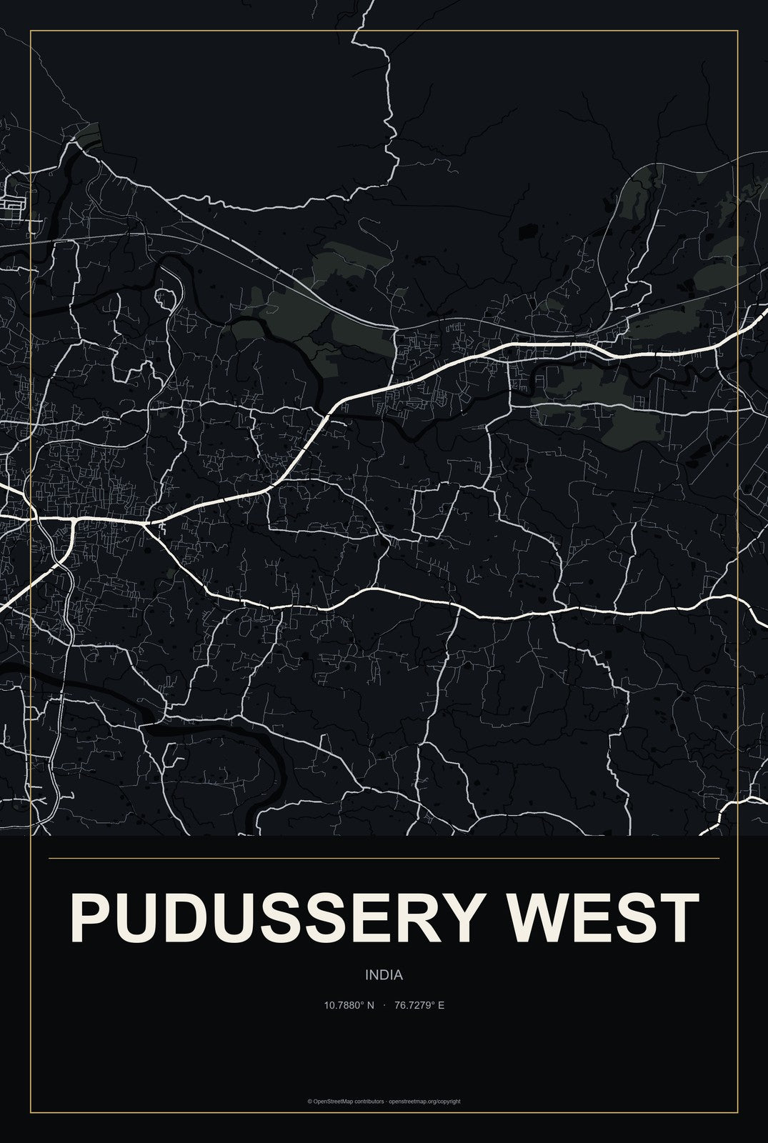Pudussery West, India City Map Aluminum Sign in Metropolitan Noir style