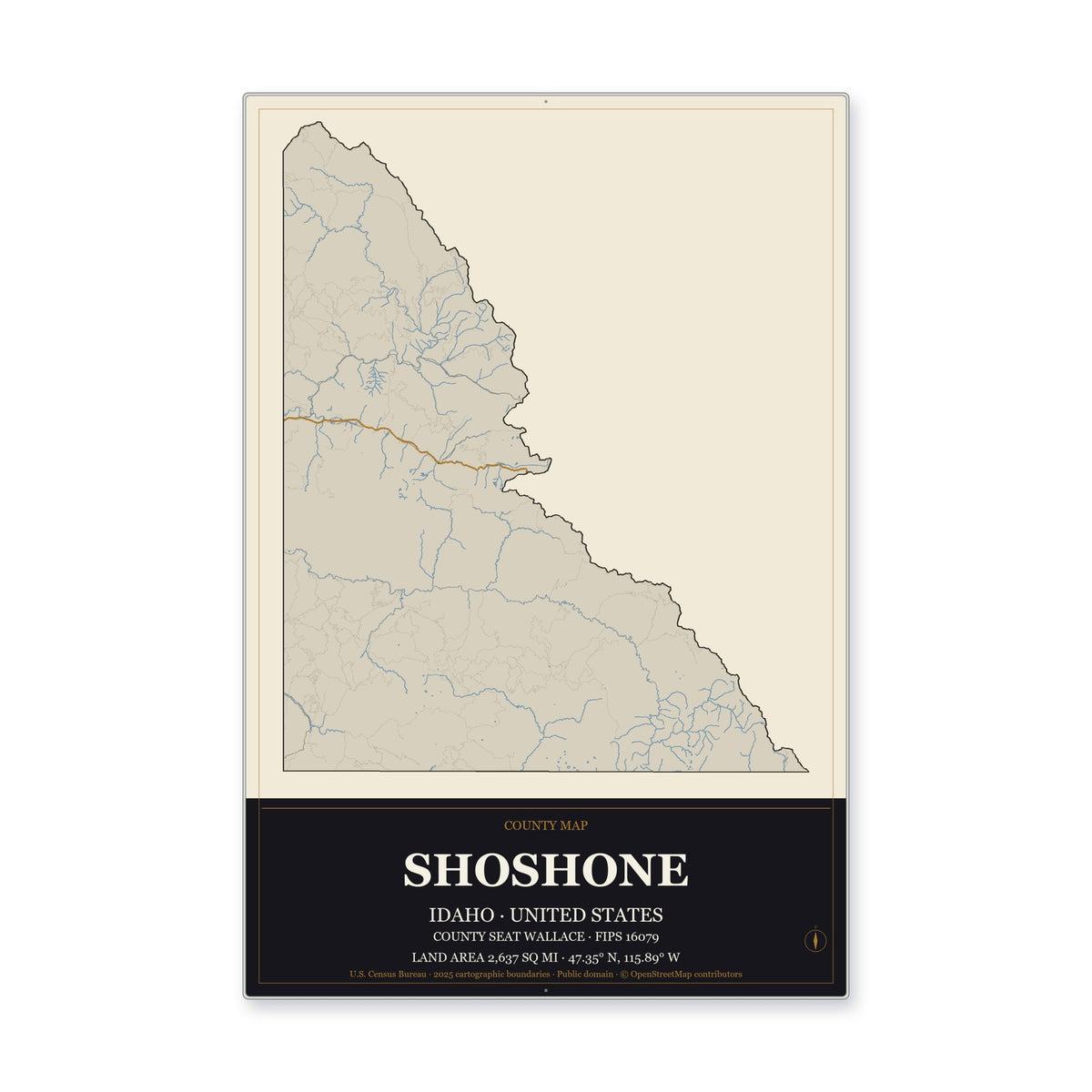 Shoshone County, Idaho Map Aluminum Sign in Museum Plaque style