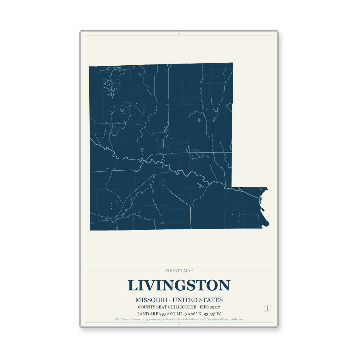 Livingston County, Missouri Map Aluminum Sign in Coastal Cutout style