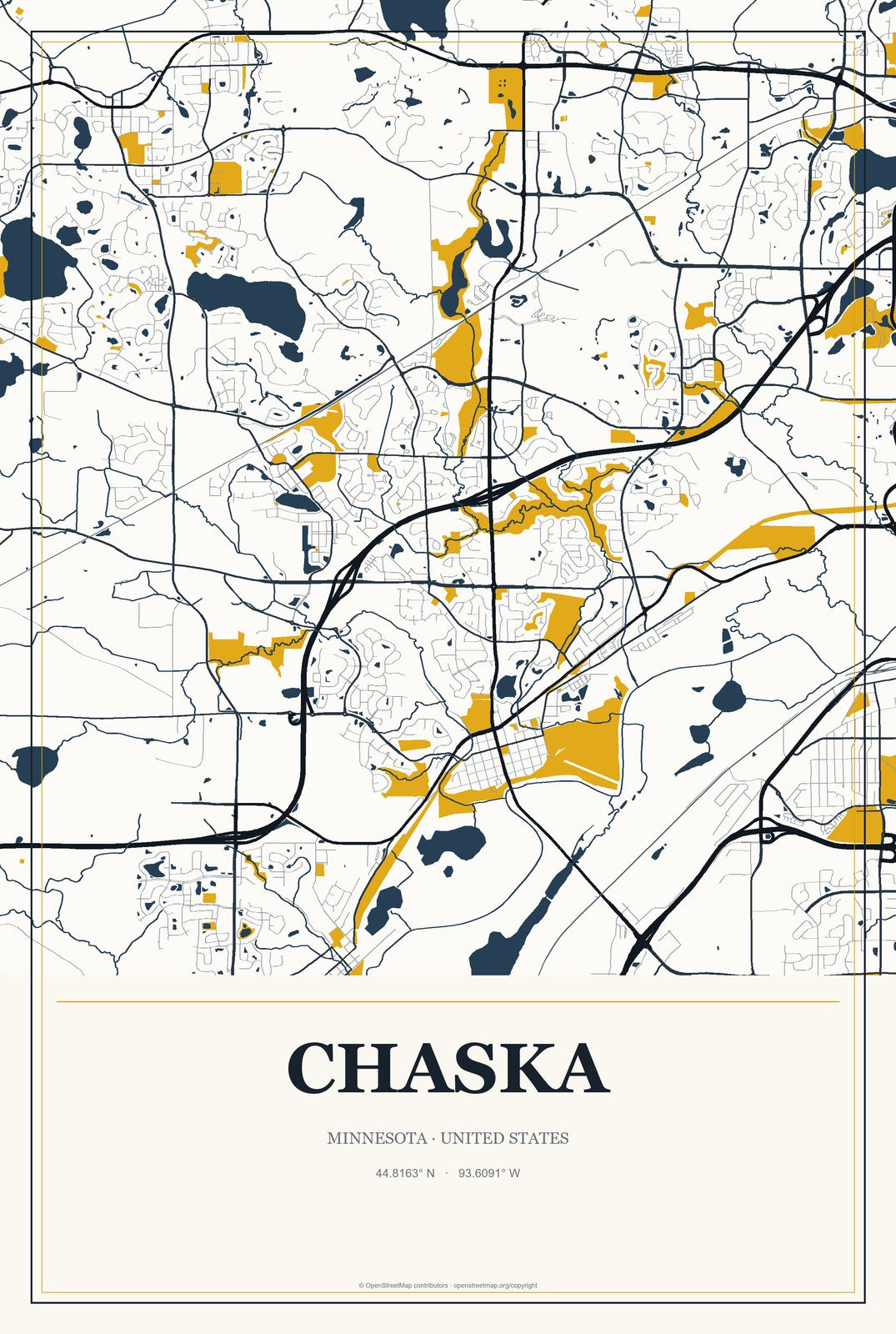 Chaska, Minnesota City Map Aluminum Sign in Citrine Modern style