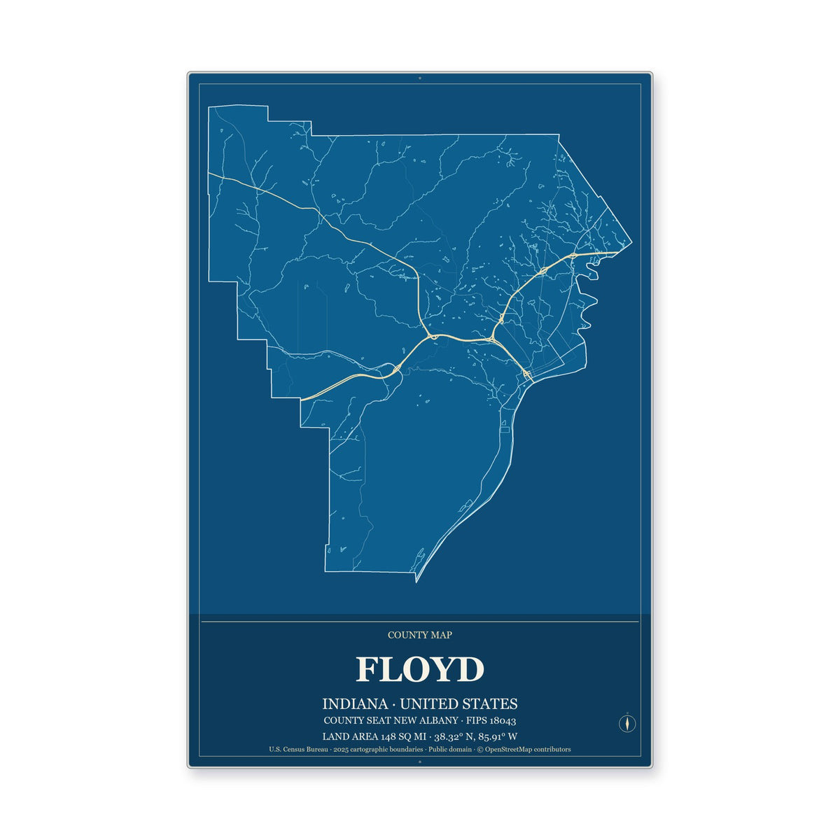 Floyd County, Indiana Map Aluminum Sign in Harbor Cobalt style