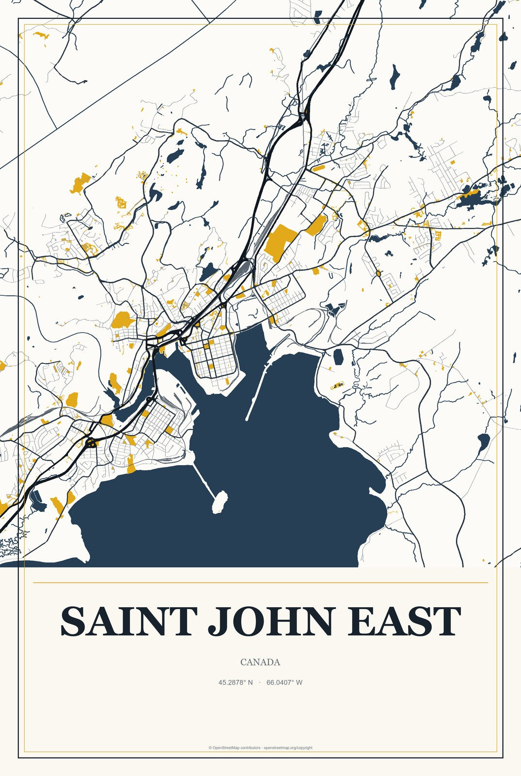Saint John East, Canada City Map Aluminum Sign in Citrine Modern style