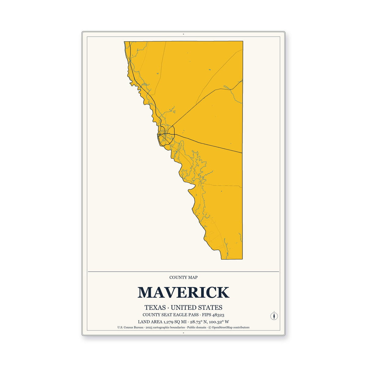 Maverick County, Texas Map Aluminum Sign in Citrine Modern style