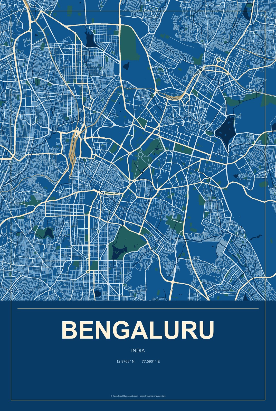 Bengaluru, India City Map Aluminum Sign in Harbor Cobalt style