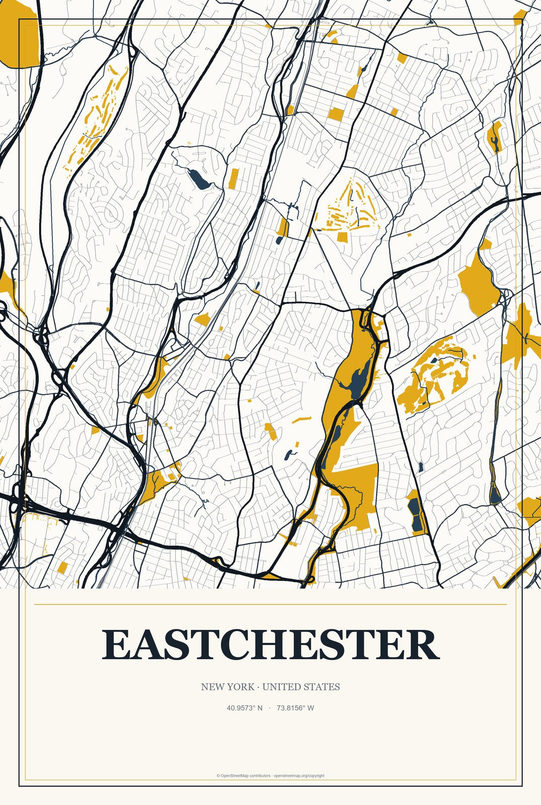 Eastchester, New York City Map Aluminum Sign in Citrine Modern style