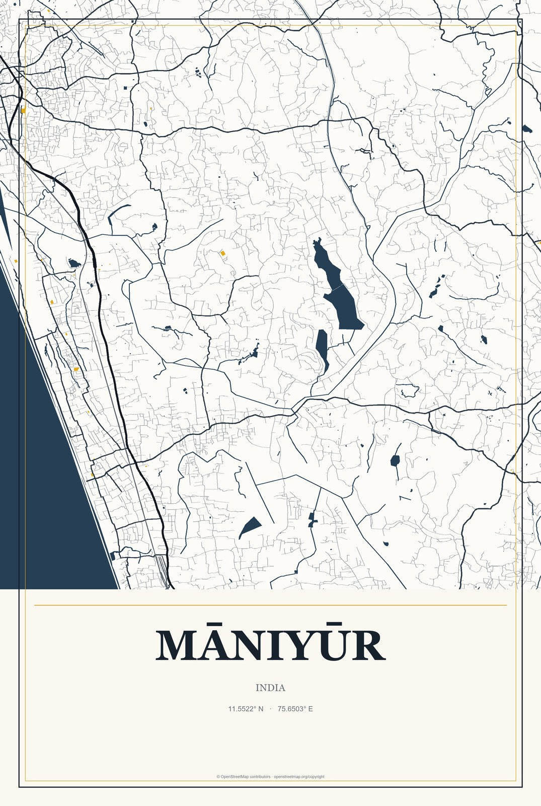 Māniyūr, India City Map Aluminum Sign in Citrine Modern style