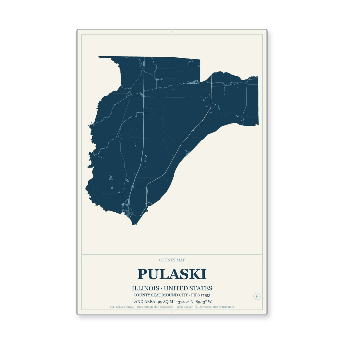 Pulaski County, Illinois Map Aluminum Sign in Coastal Cutout style