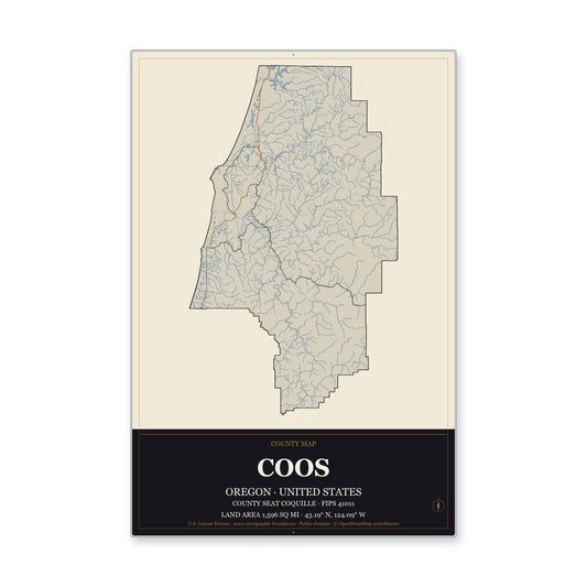 Coos County, Oregon Map Aluminum Sign in Museum Plaque style