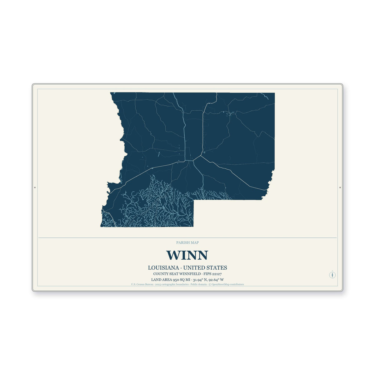 Winn Parish, Louisiana Map Aluminum Sign in Coastal Cutout style