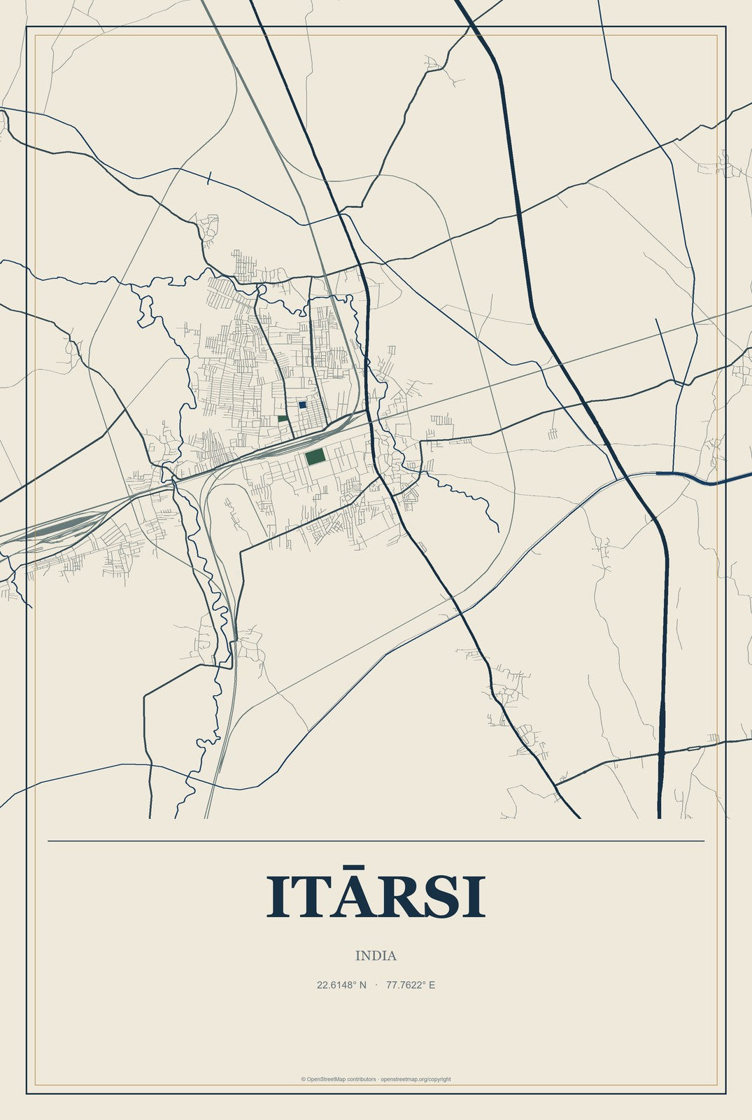Itārsi, India City Map Aluminum Sign in Coastal Cutout style