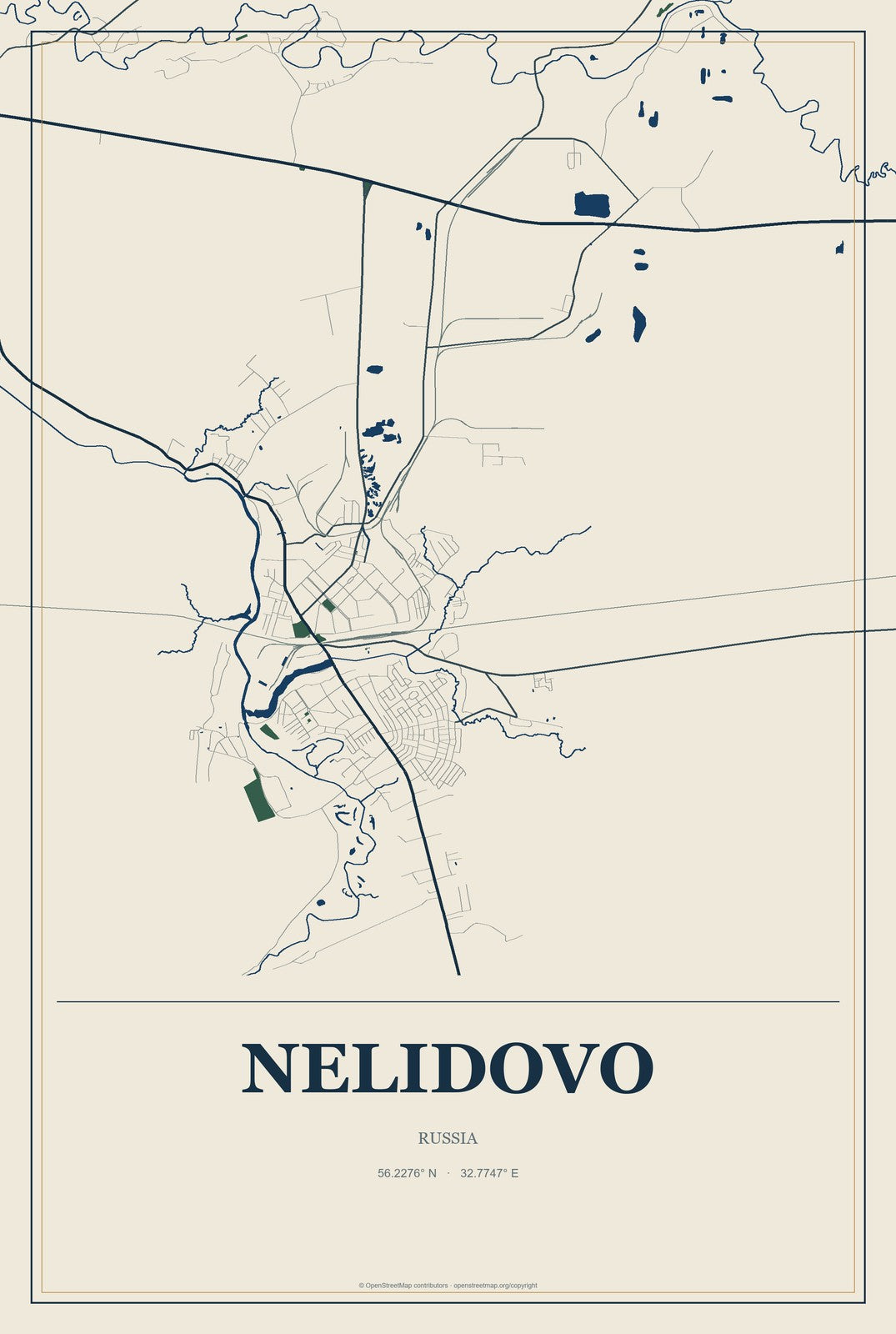 Nelidovo, Russia City Map Aluminum Sign in Coastal Cutout style