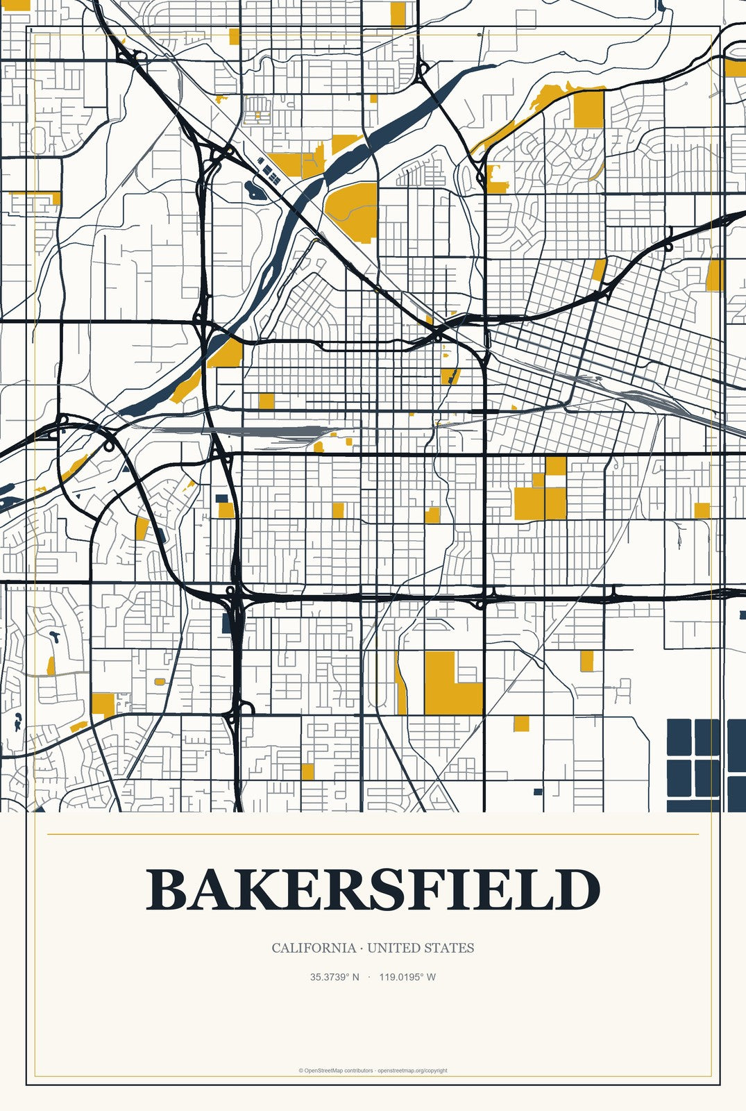 Bakersfield, California City Map Aluminum Sign in Citrine Modern style