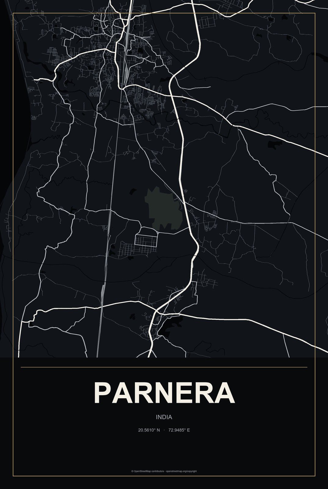 Parnera, India City Map Aluminum Sign in Metropolitan Noir style