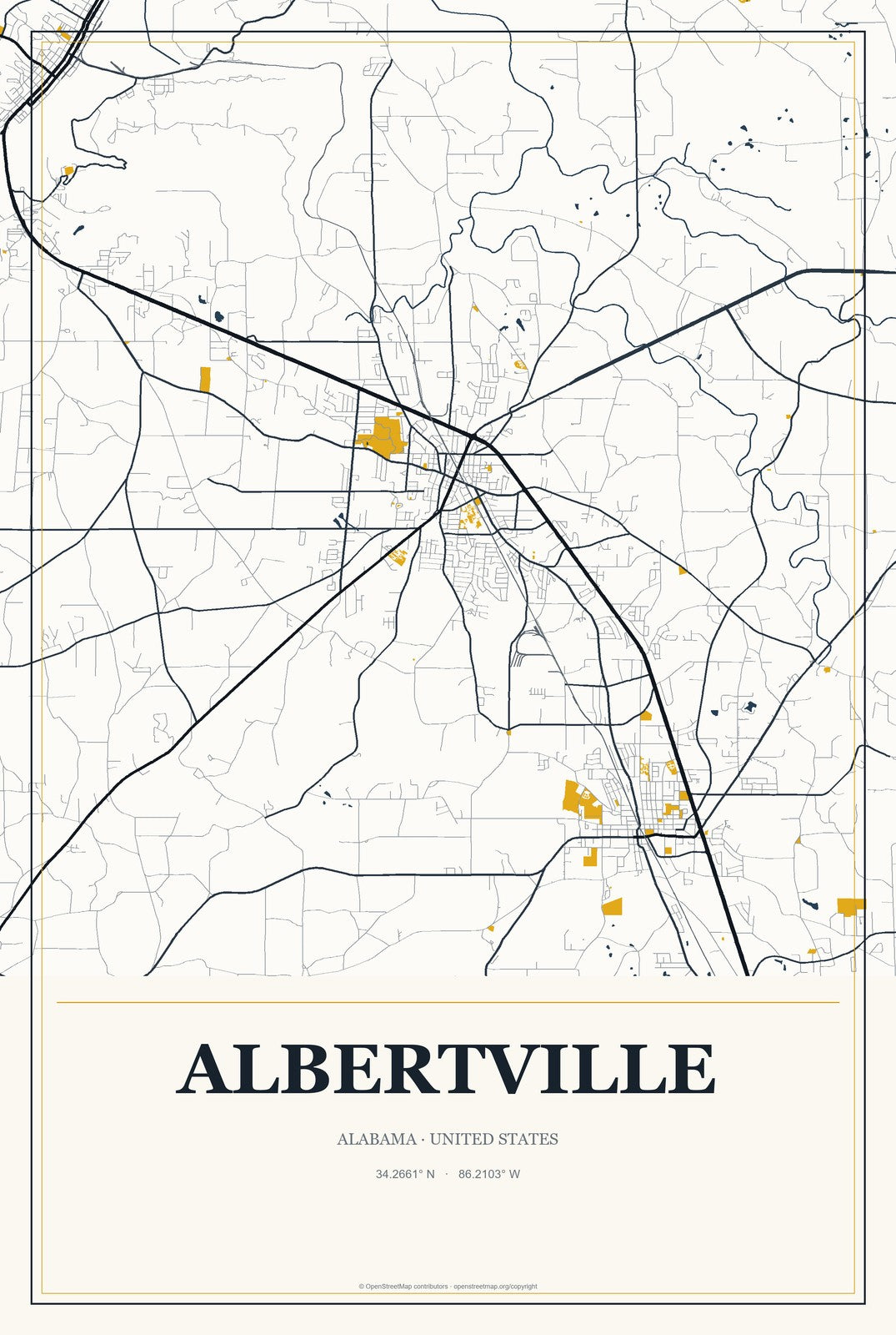 Albertville, Alabama City Map Aluminum Sign in Citrine Modern style
