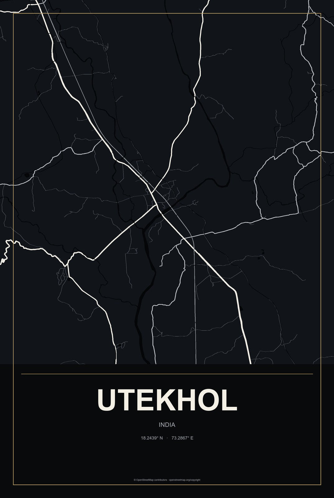 Utekhol, India City Map Aluminum Sign in Metropolitan Noir style