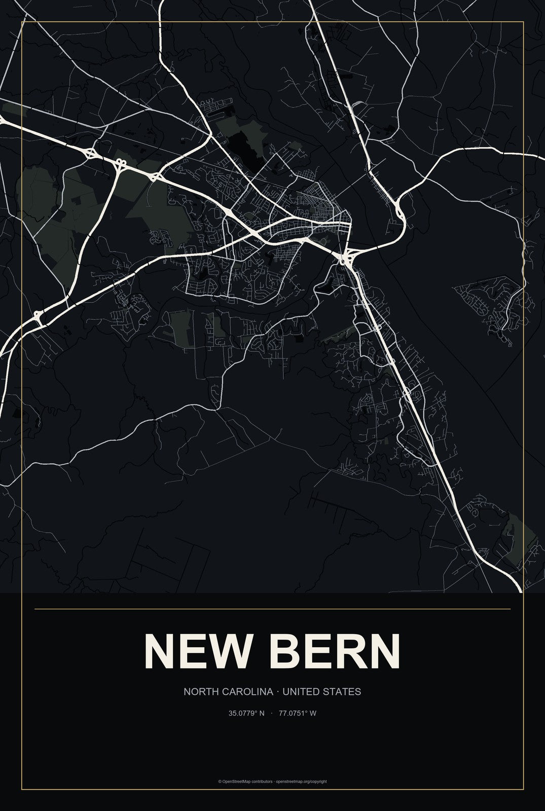 New Bern, North Carolina City Map Aluminum Sign in Metropolitan Noir style