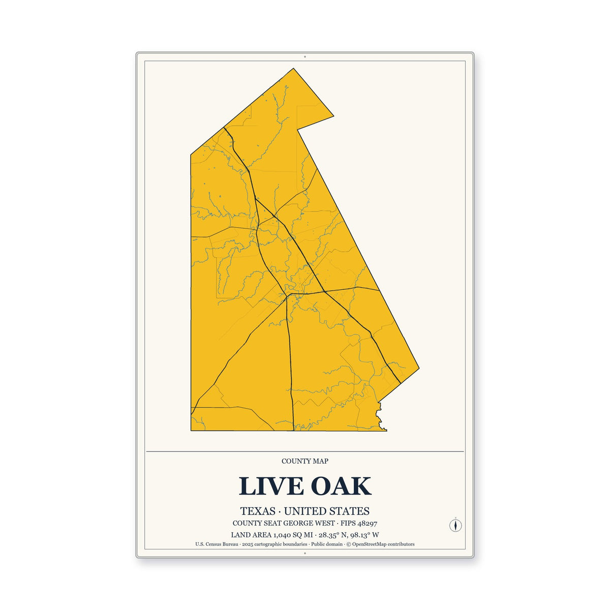 Live Oak County, Texas Map Aluminum Sign in Citrine Modern style