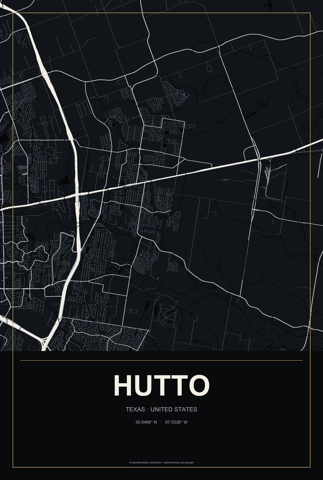 Hutto, Texas City Map Aluminum Sign in Metropolitan Noir style