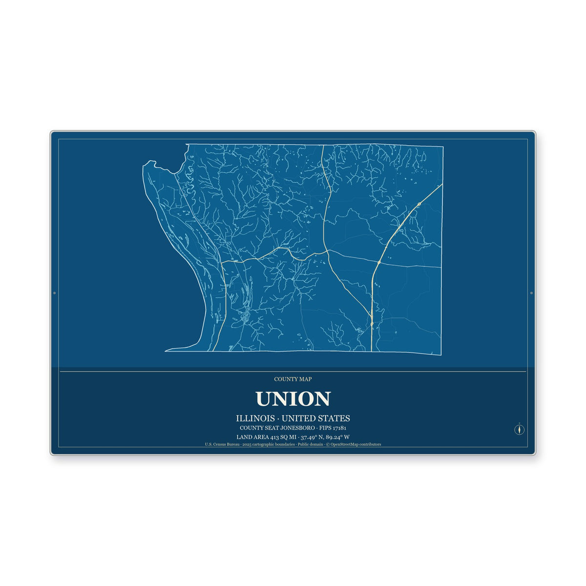 Union County, Illinois Map Aluminum Sign in Harbor Cobalt style