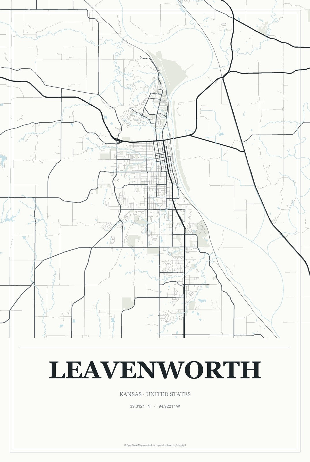 Leavenworth, Kansas City Map Aluminum Sign in Gallery Air style