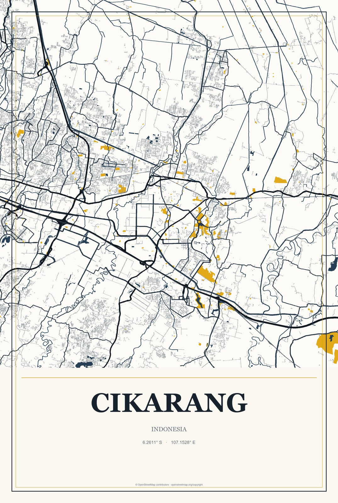 Cikarang, Indonesia City Map Aluminum Sign in Citrine Modern style