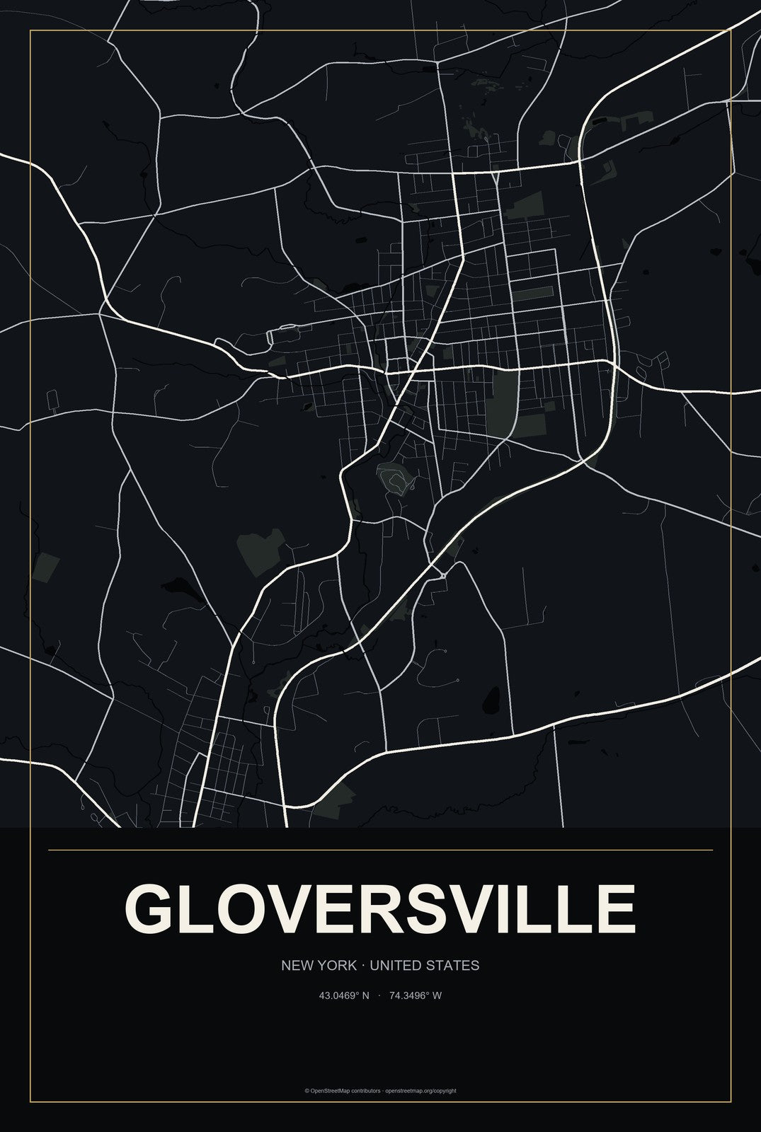 Gloversville, New York City Map Aluminum Sign in Metropolitan Noir style