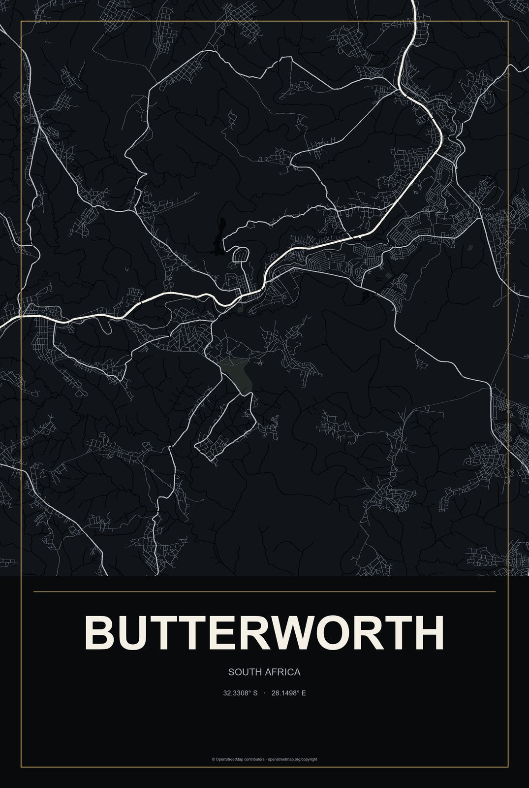 Butterworth, South Africa City Map Aluminum Sign in Metropolitan Noir style