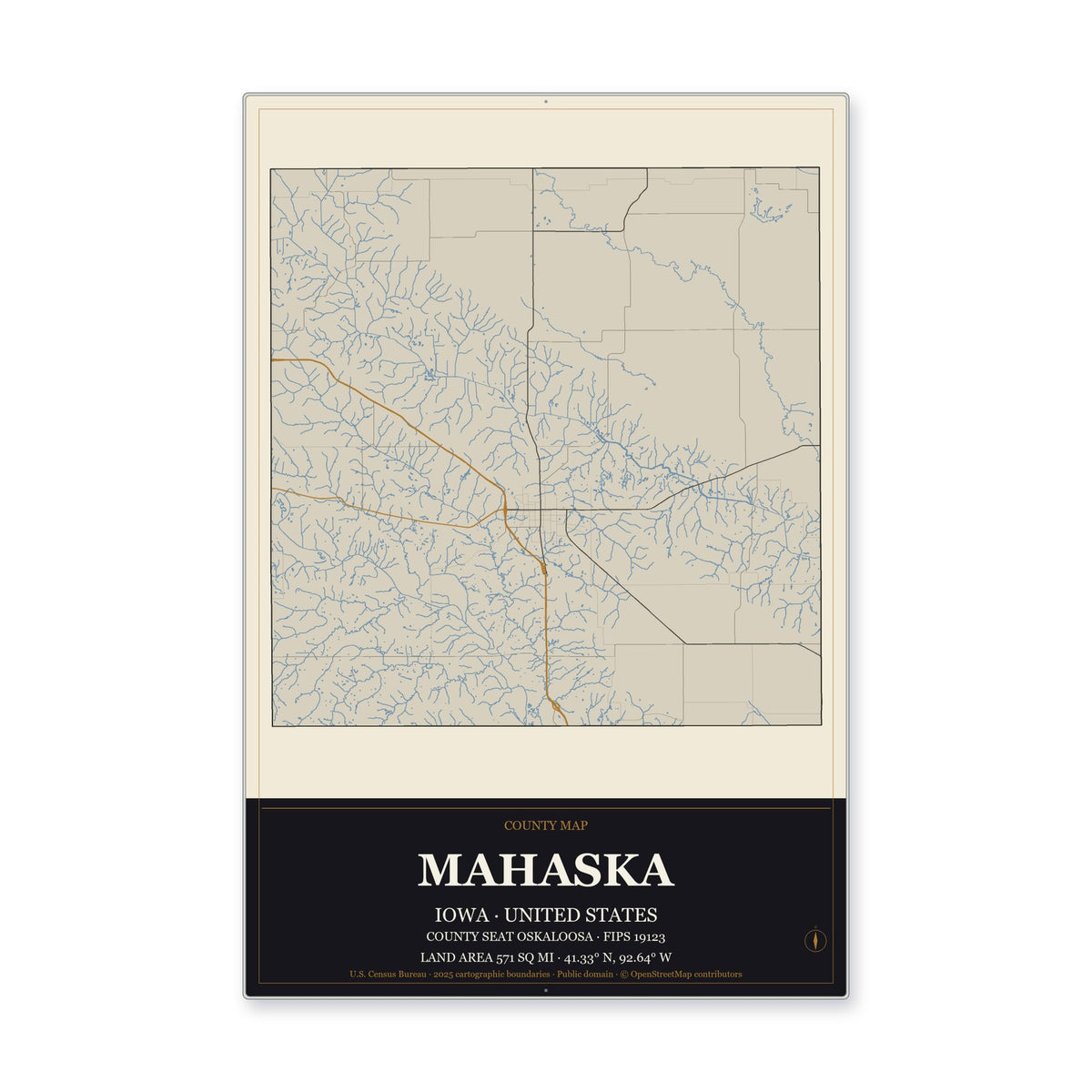 Mahaska County, Iowa Map Aluminum Sign in Museum Plaque style