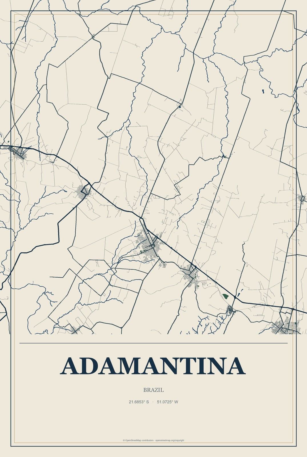 Adamantina, Brazil City Map Aluminum Sign in Coastal Cutout style