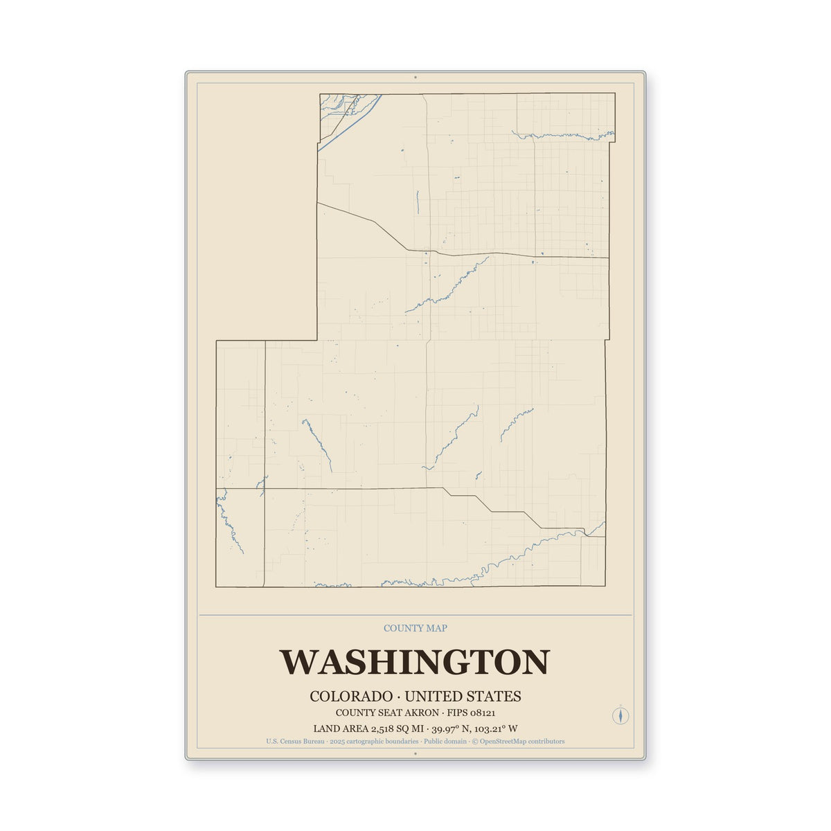 Washington County, Colorado Map Aluminum Sign in Heritage Nautical style