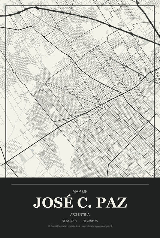 José C. Paz, Argentina City Map Aluminum Sign in Museum Plaque style
