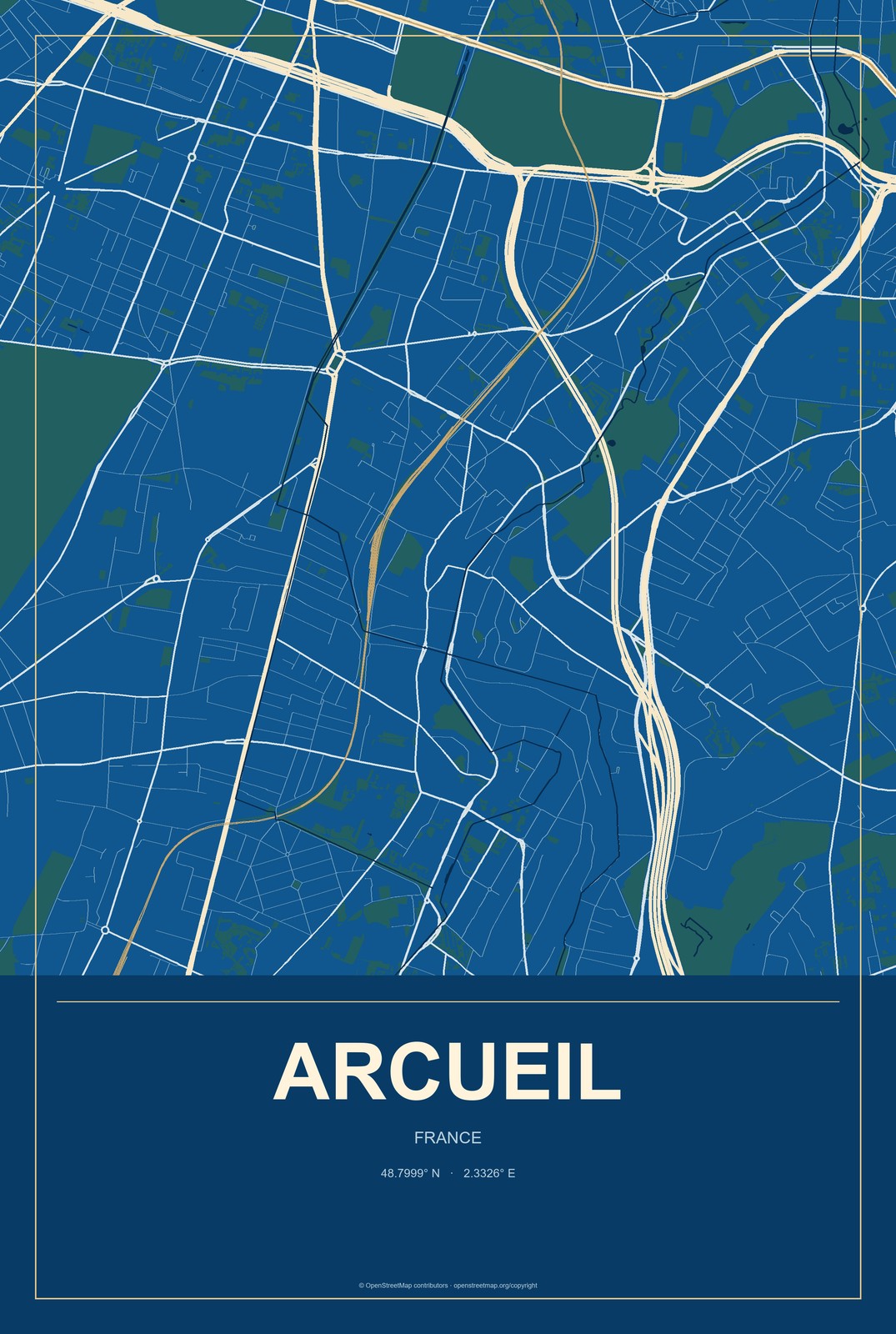 Arcueil, France City Map Aluminum Sign in Harbor Cobalt style