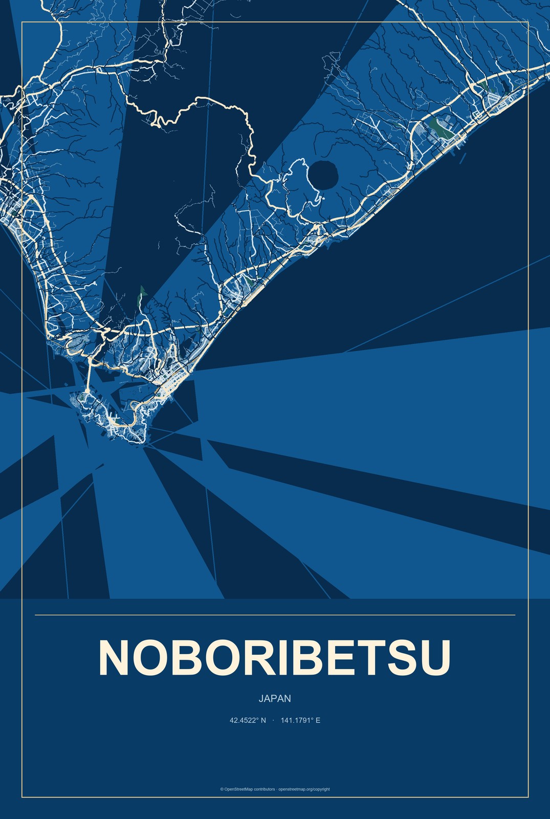 Noboribetsu, Japan City Map Aluminum Sign in Harbor Cobalt style