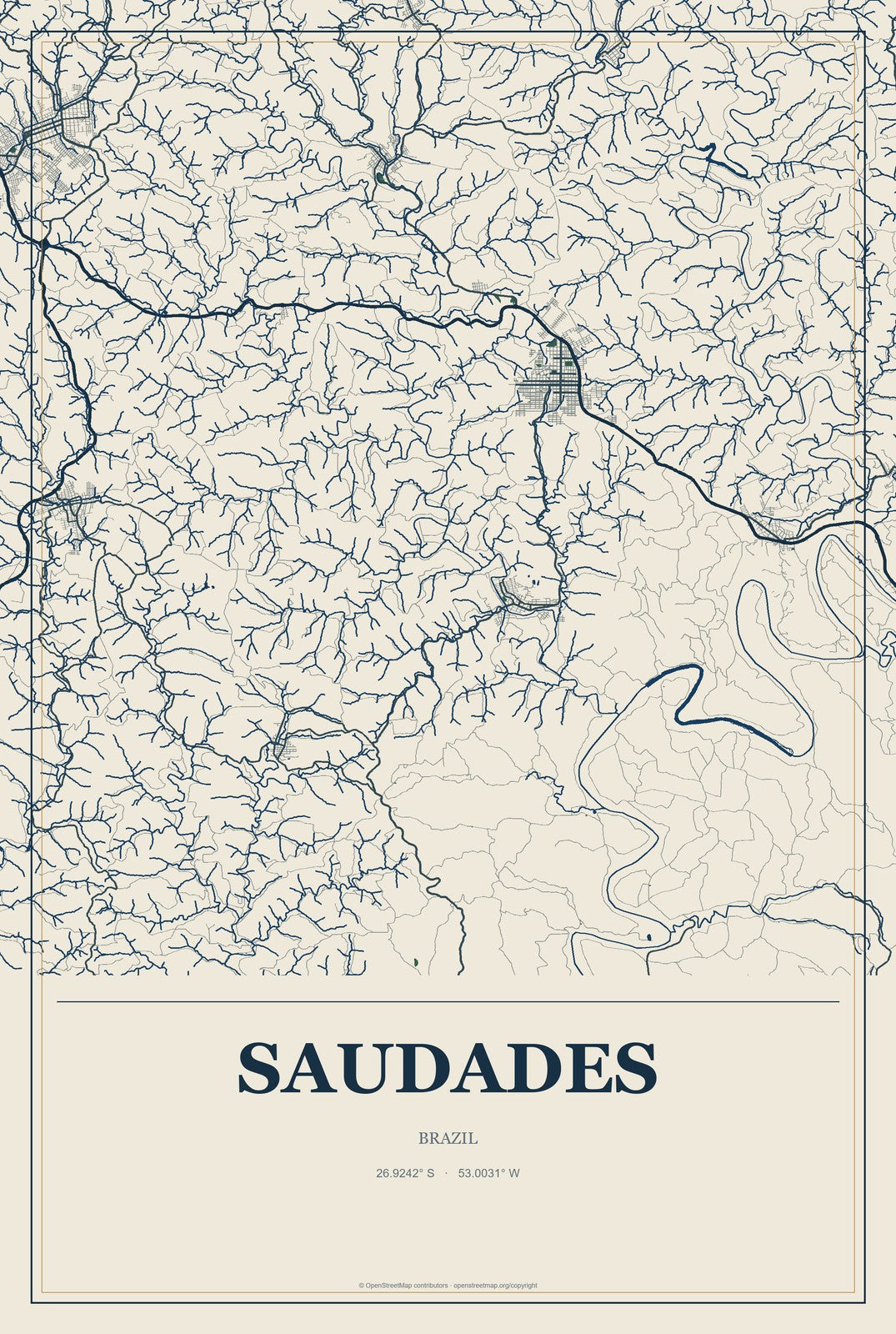 Saudades, Brazil City Map Aluminum Sign in Coastal Cutout style