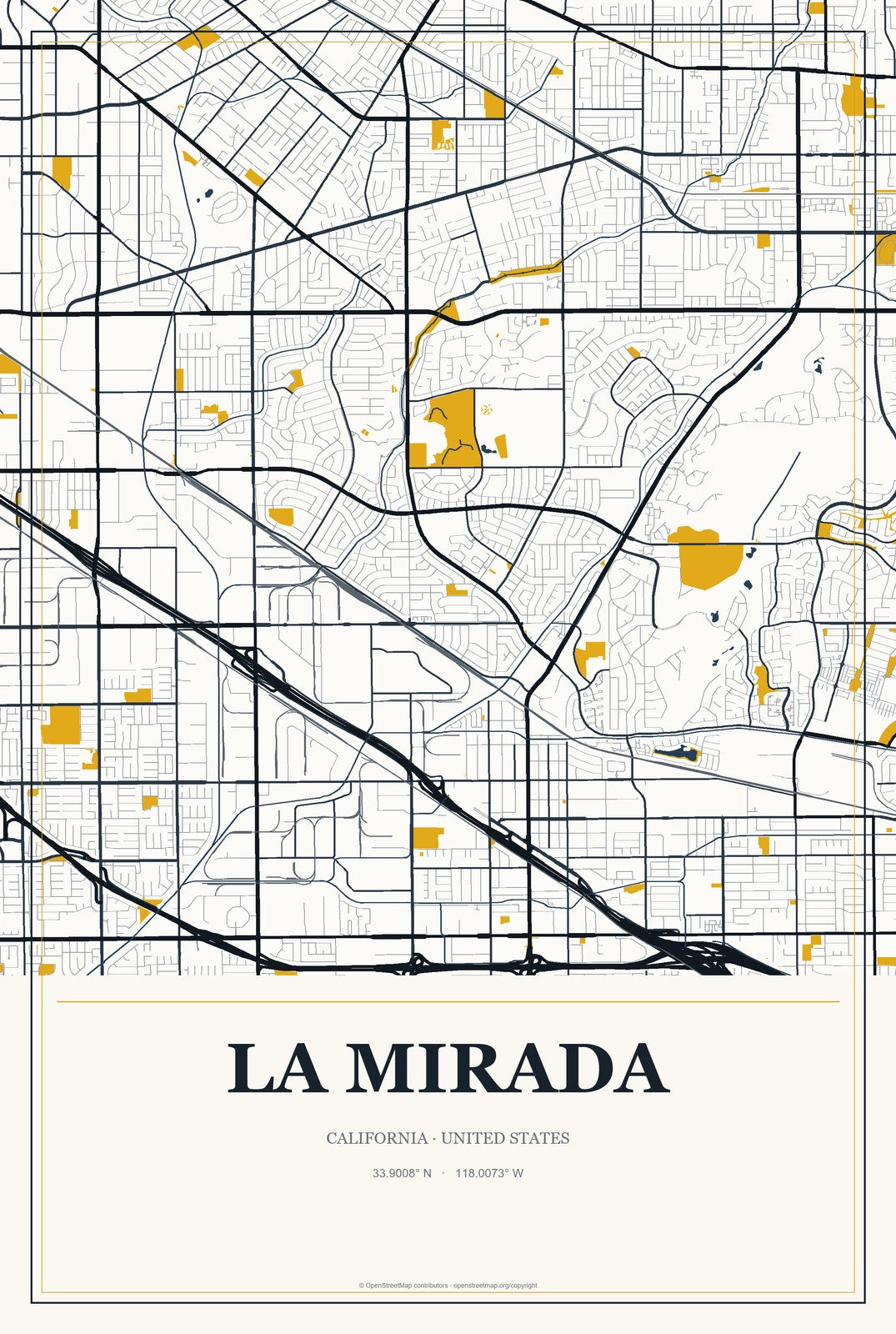 La Mirada, California City Map Aluminum Sign in Citrine Modern style