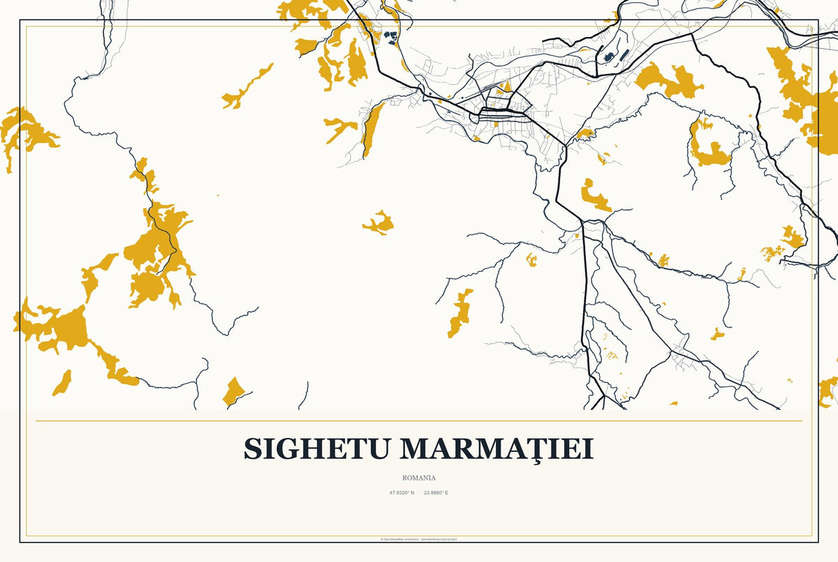 Sighetu Marmaţiei, Romania City Map Aluminum Sign in Citrine Modern style