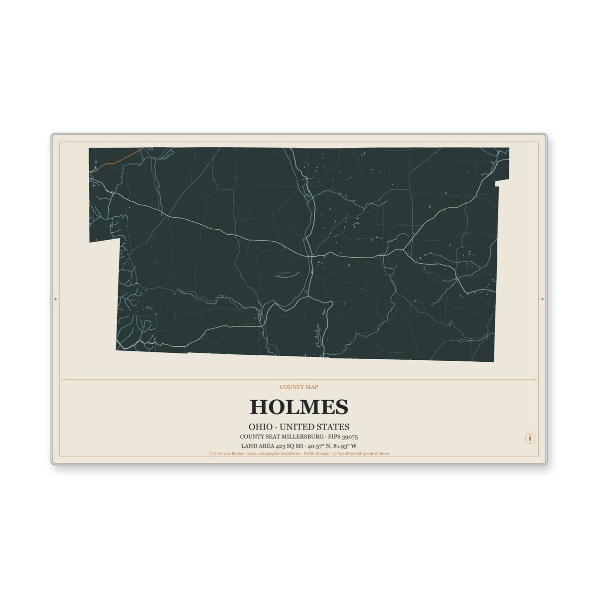 Holmes County, Ohio Map Aluminum Sign in Headline Atlas style