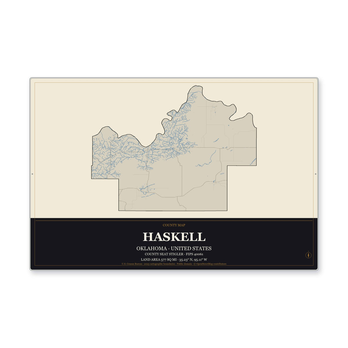 Haskell County, Oklahoma Map Aluminum Sign in Museum Plaque style