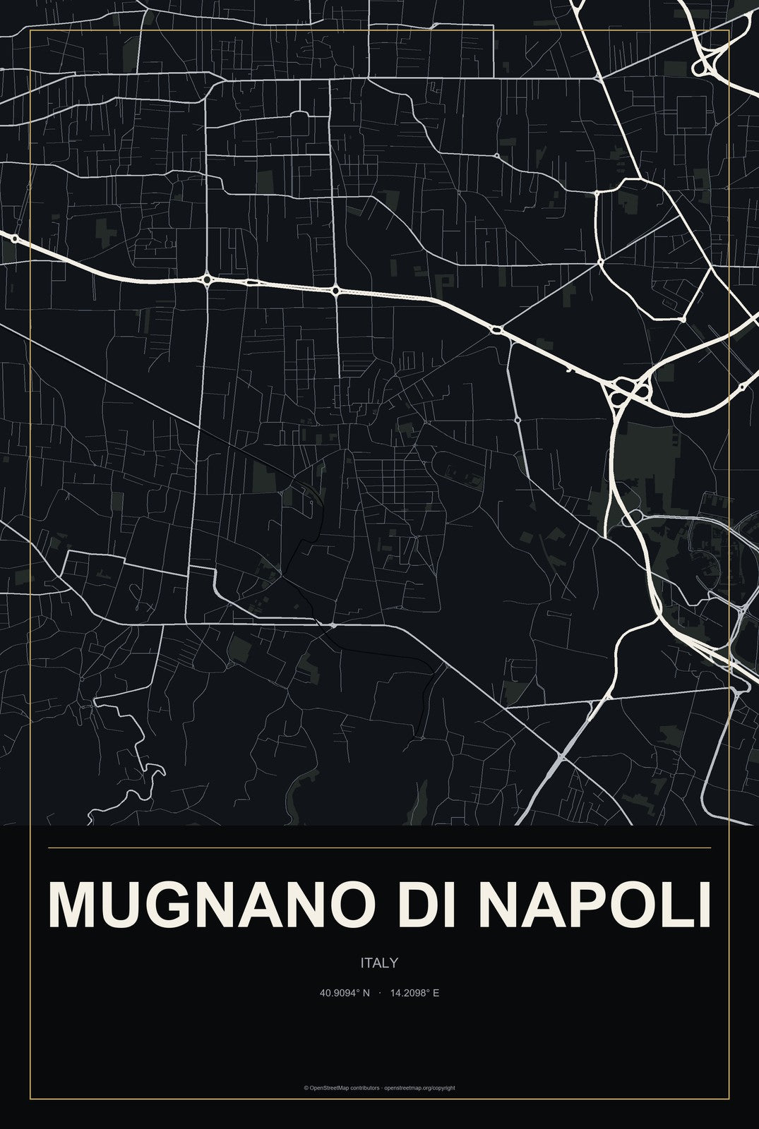 Mugnano di Napoli, Italy City Map Aluminum Sign in Metropolitan Noir style