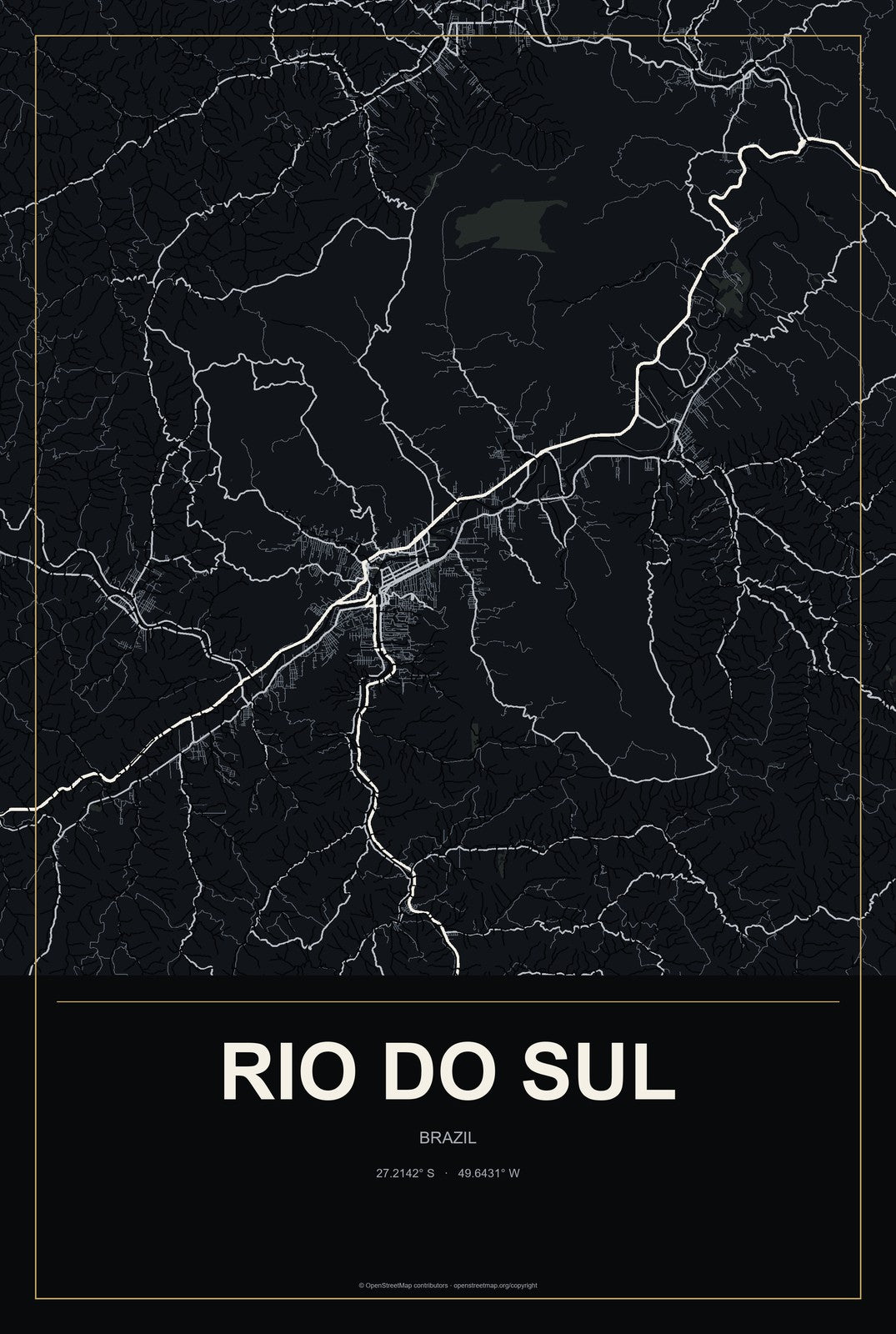 Rio do Sul, Brazil City Map Aluminum Sign in Metropolitan Noir style