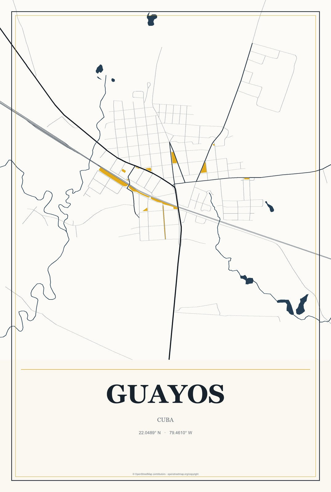 Guayos, Cuba City Map Aluminum Sign in Citrine Modern style