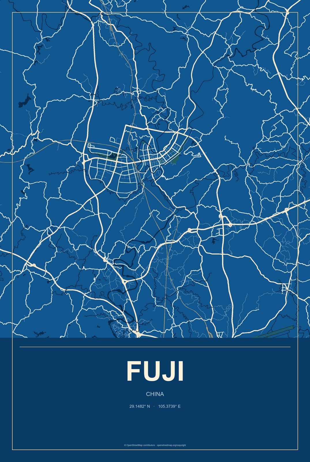 Fuji, China City Map Aluminum Sign in Harbor Cobalt style
