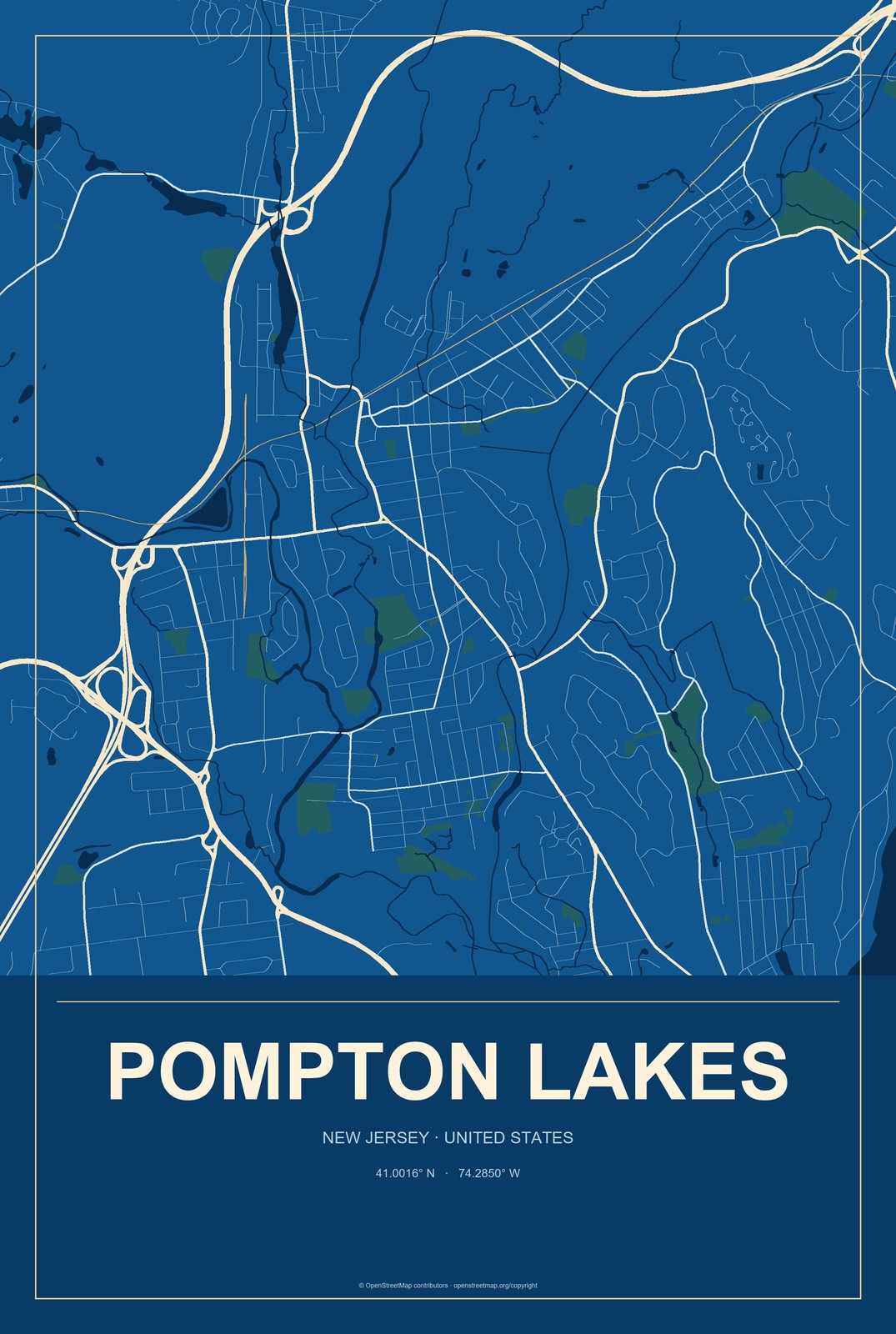 Pompton Lakes, New Jersey City Map Aluminum Sign in Harbor Cobalt style